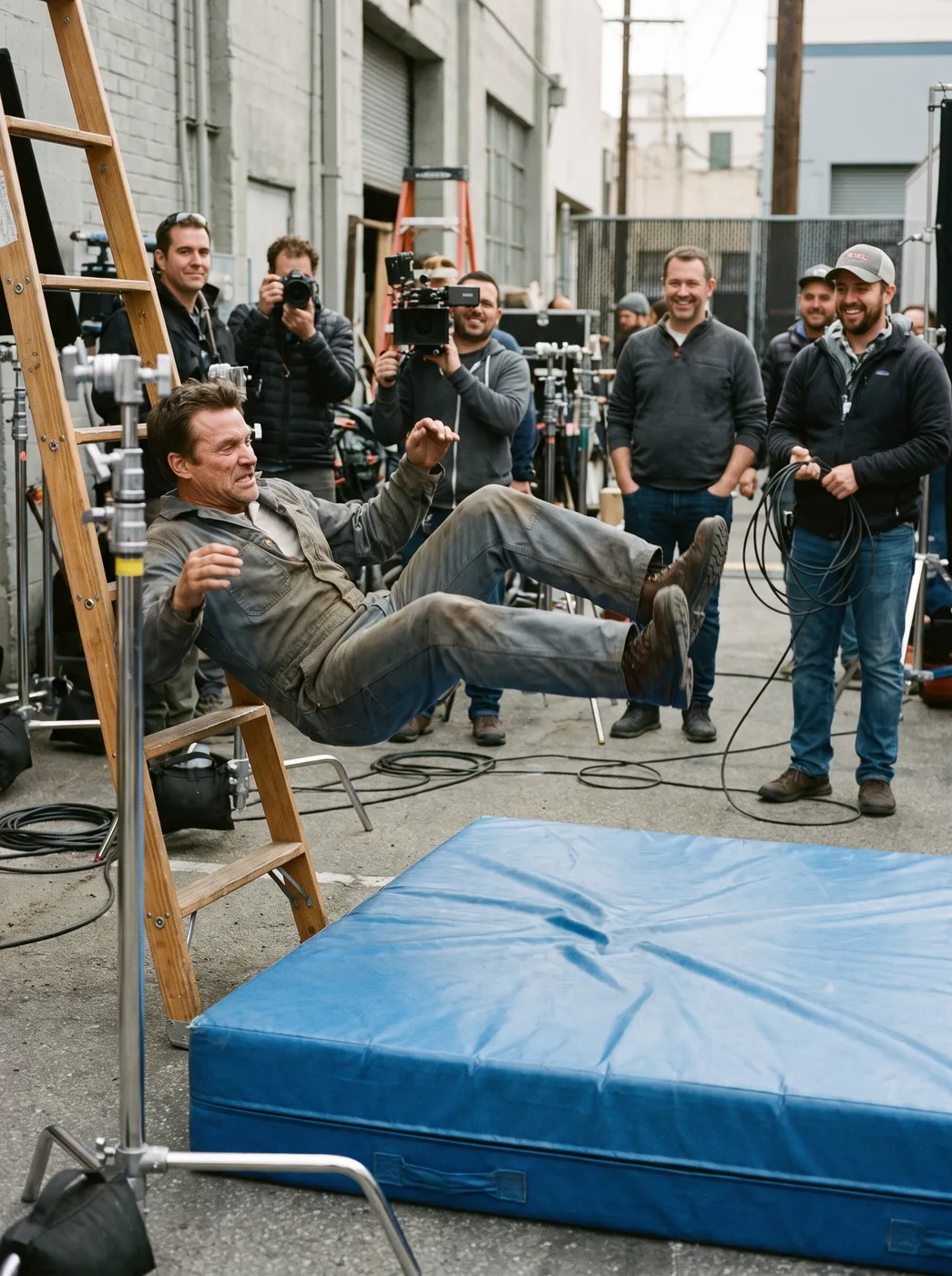 Stunt performer practising a fall